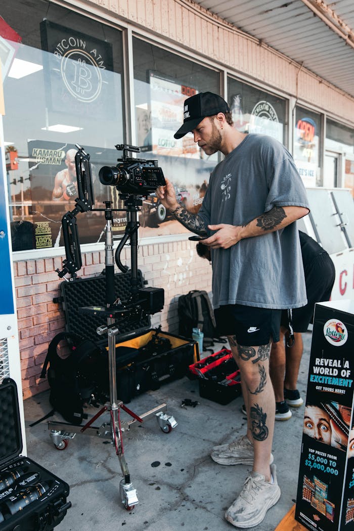 Videographer setting up camera gear outside a shop, capturing a scene.